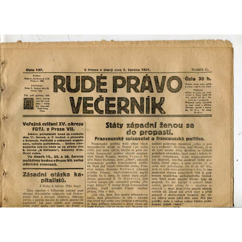 Rudé právo Večerník, ročník II., číslo 127/1921 - staré noviny - [komunisté, komunismus]