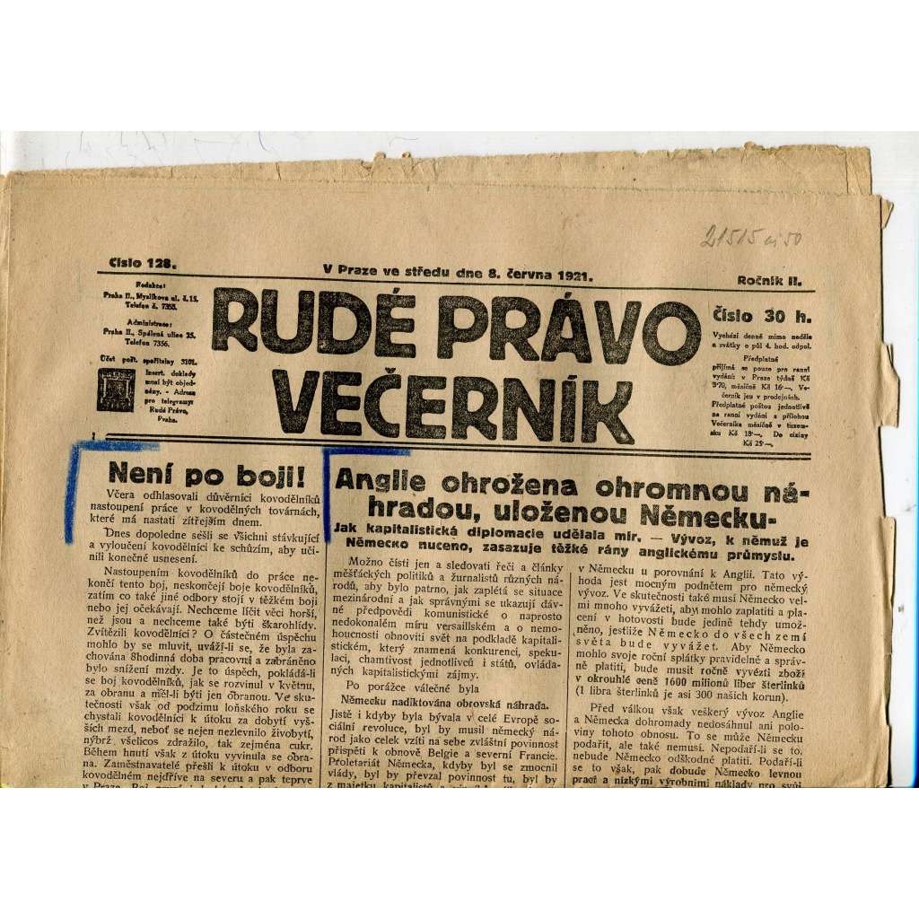 Rudé právo Večerník, ročník II., číslo 128/1921 - staré noviny - [komunisté, komunismus]