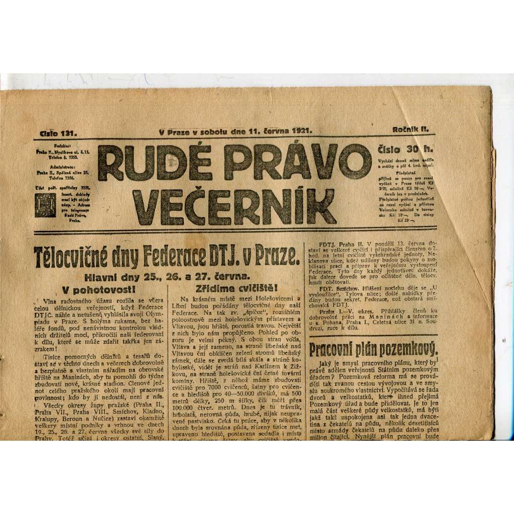 Rudé právo Večerník, ročník II., číslo 131/1921 - staré noviny - [komunisté, komunismus]