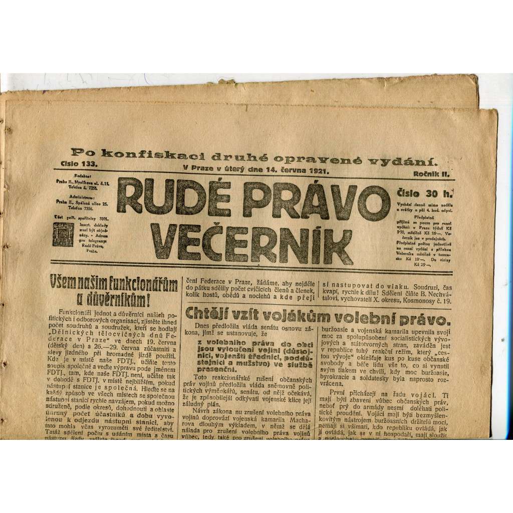 Rudé právo Večerník, ročník II., číslo 133/1921 - staré noviny - [komunisté, komunismus]