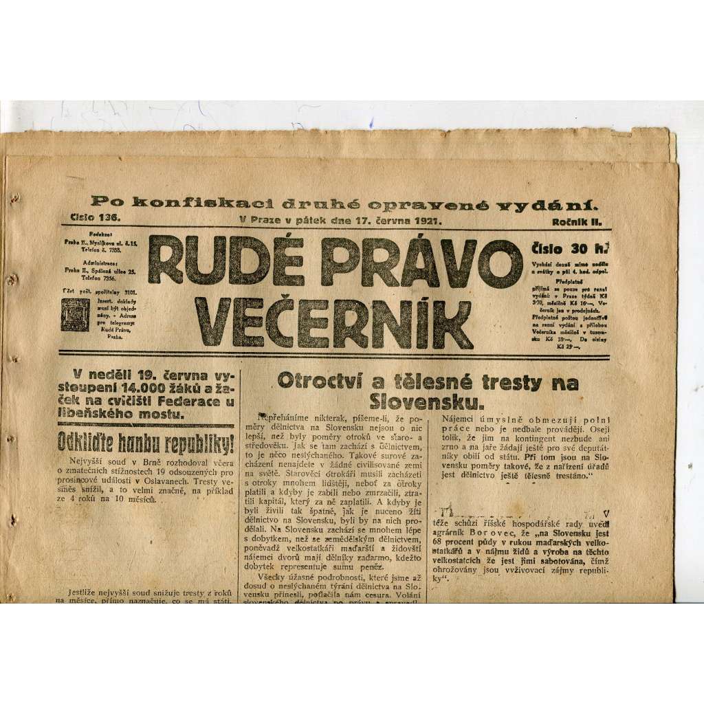 Rudé právo Večerník, ročník II., číslo 136/1921 - staré noviny - [komunisté, komunismus]