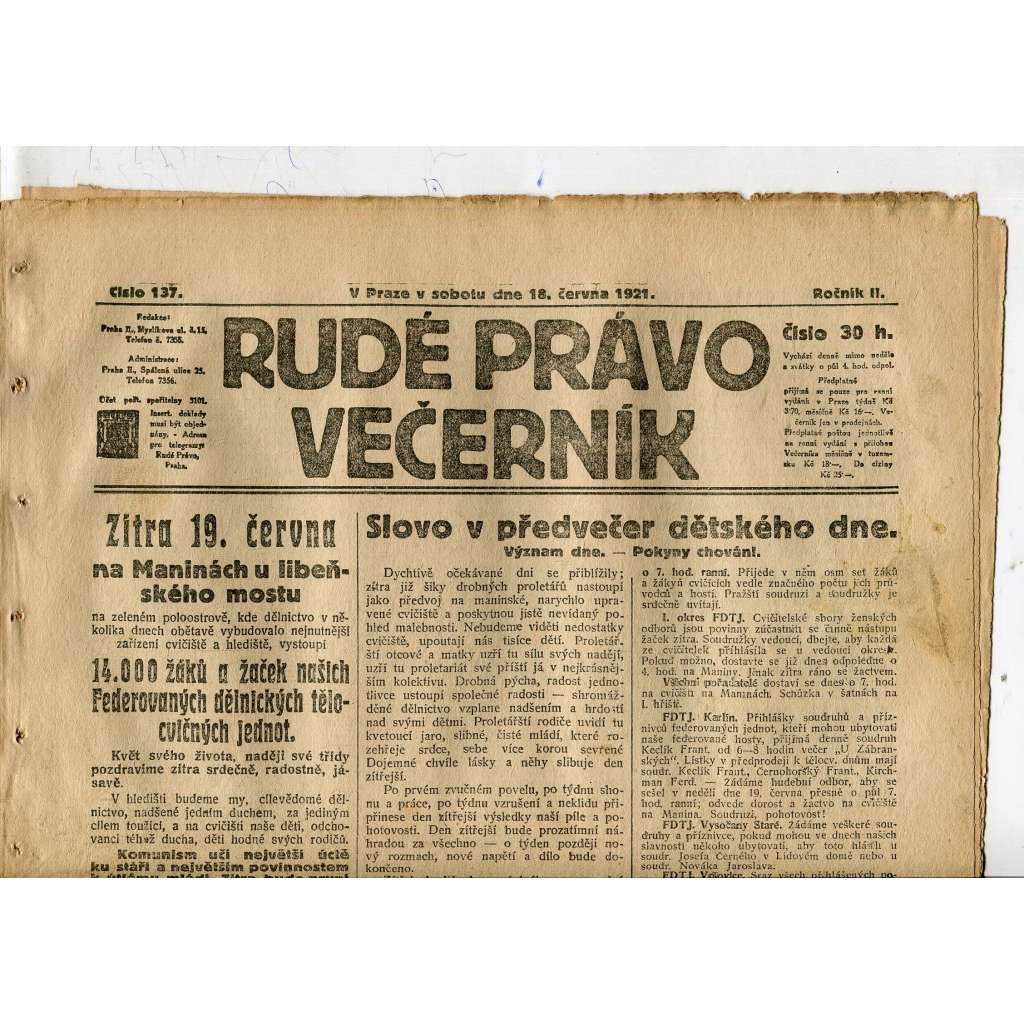 Rudé právo Večerník, ročník II., číslo 137/1921 - staré noviny - [komunisté, komunismus]
