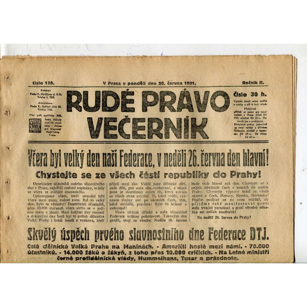 Rudé právo Večerník, ročník II., číslo 138/1921 - staré noviny - [komunisté, komunismus]