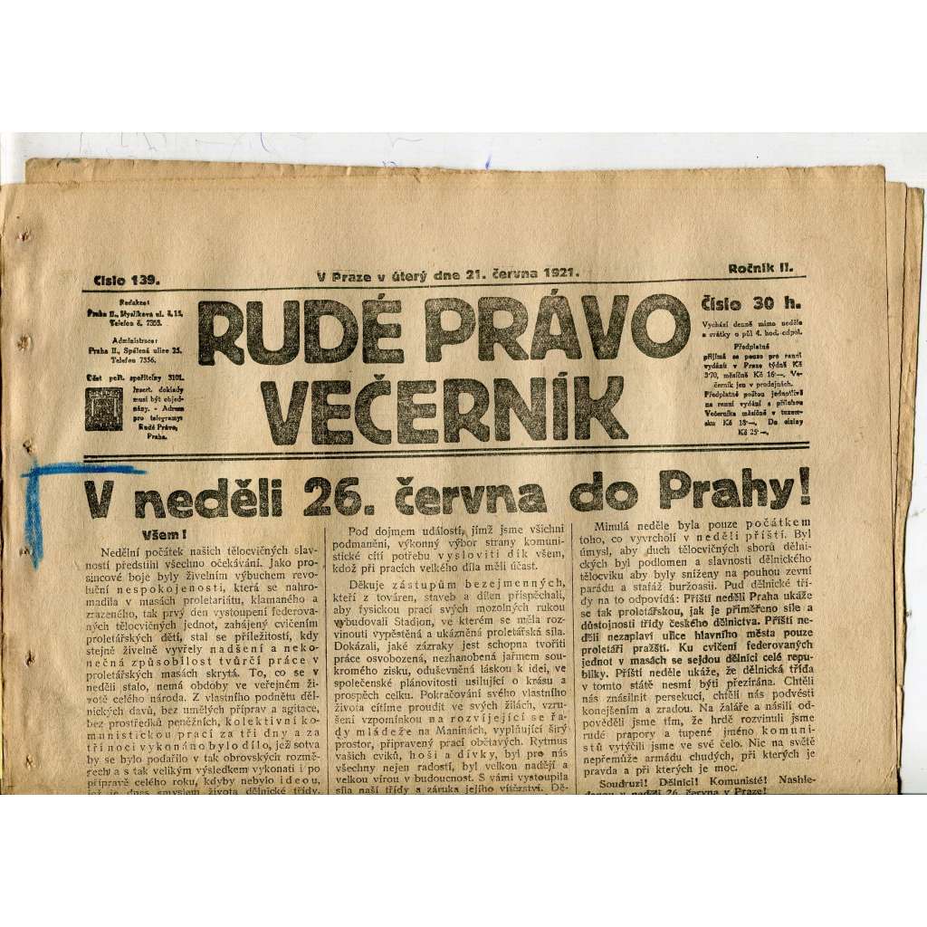 Rudé právo Večerník, ročník II., číslo 139/1921 - staré noviny - [komunisté, komunismus]