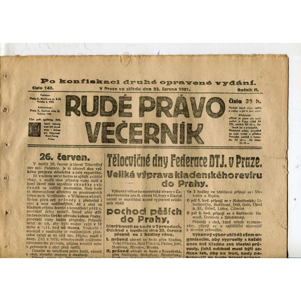 Rudé právo Večerník, ročník II., číslo 140/1921 - staré noviny - [komunisté, komunismus]
