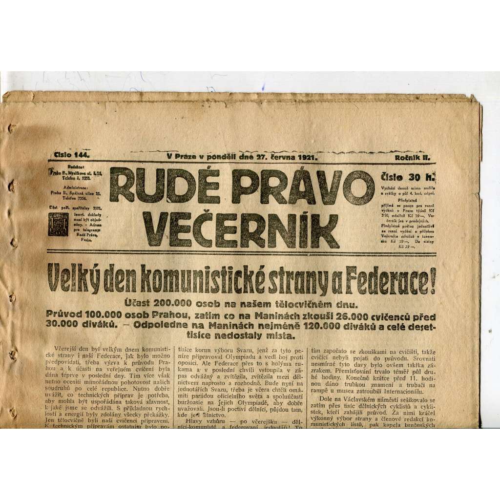 Rudé právo Večerník, ročník II., číslo 144/1921 - staré noviny - [komunisté, komunismus]