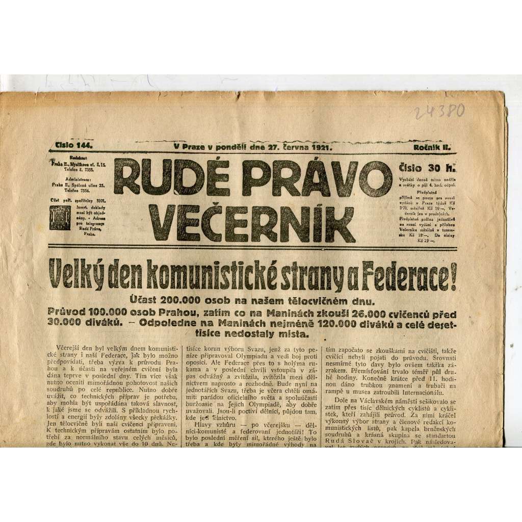 Rudé právo Večerník, ročník II., číslo 144/1921 - staré noviny - [komunisté, komunismus]