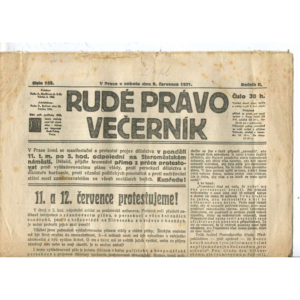 Rudé právo Večerník, ročník II., číslo 153/1921 - staré noviny - [komunisté, komunismus]