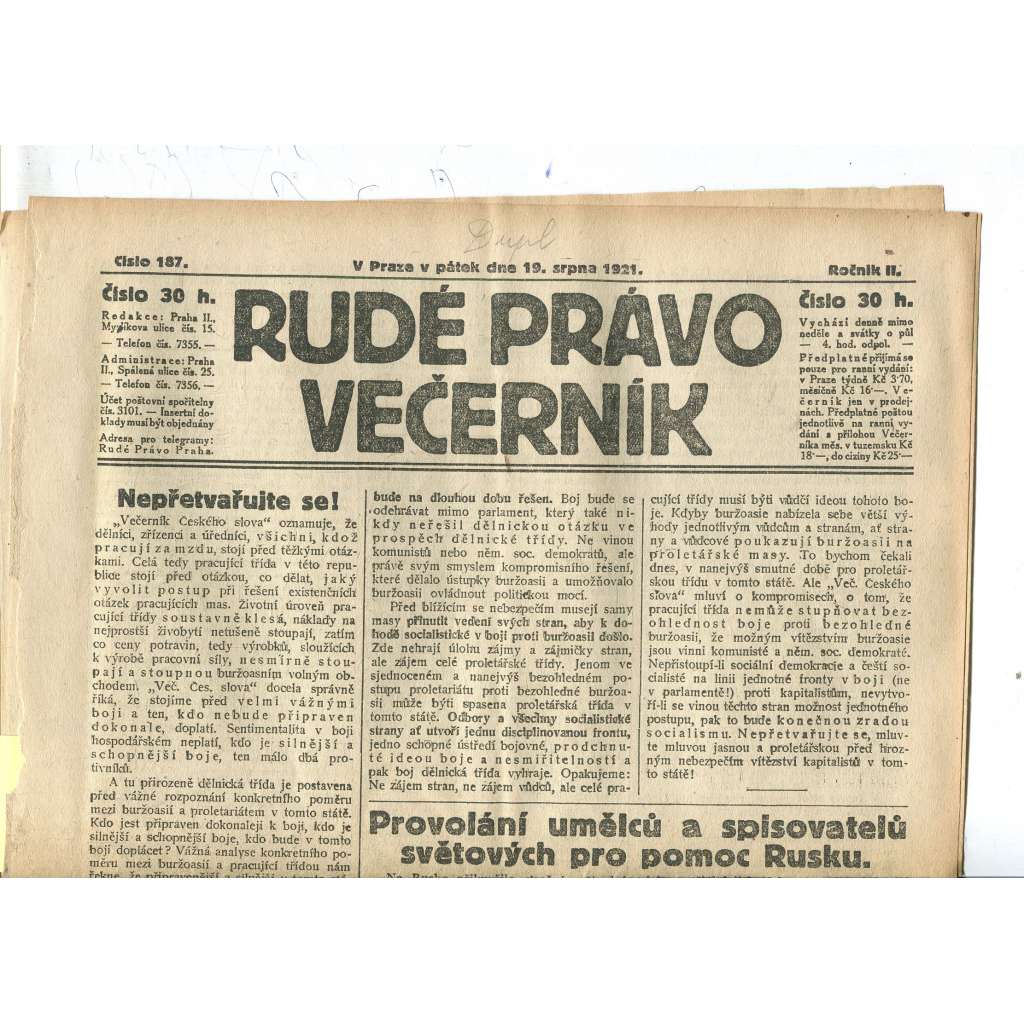 Rudé právo Večerník, ročník II., číslo 187/1921 - staré noviny - [komunisté, komunismus]