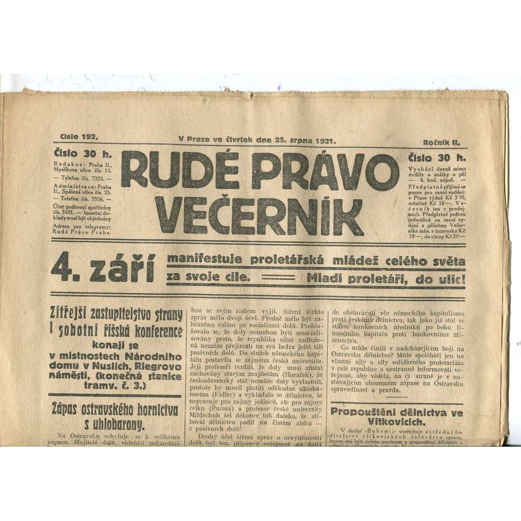 Rudé právo Večerník, ročník II., číslo 192/1921 - staré noviny - [komunisté, komunismus]