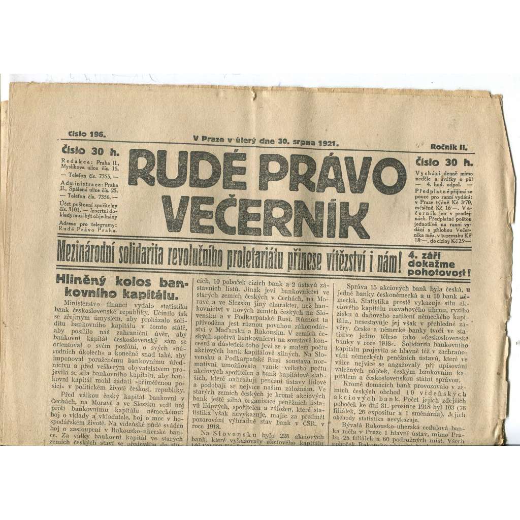 Rudé právo Večerník, ročník II., číslo 196/1921 - staré noviny - [komunisté, komunismus]