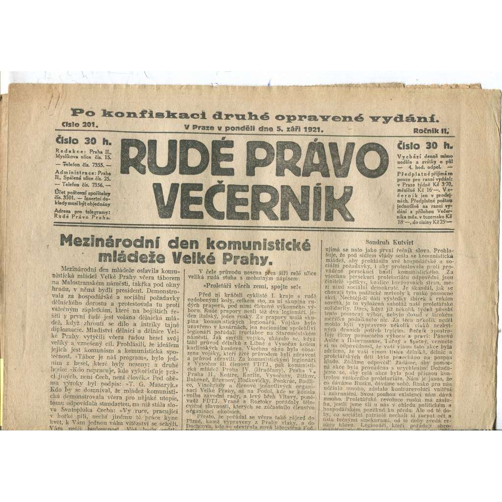 Rudé právo Večerník, ročník II., číslo 201/1921 - staré noviny - [komunisté, komunismus]