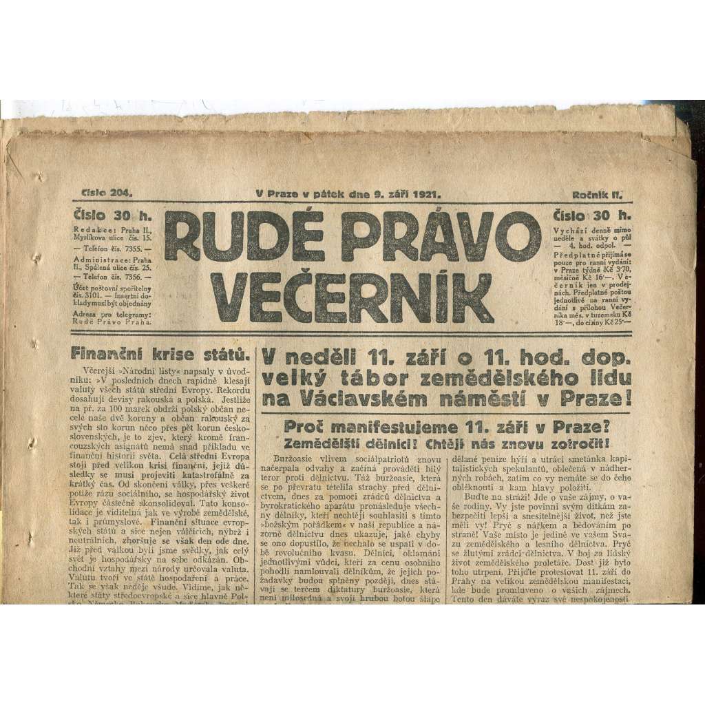 Rudé právo Večerník, ročník II., číslo 204/1921 - staré noviny - [komunisté, komunismus]
