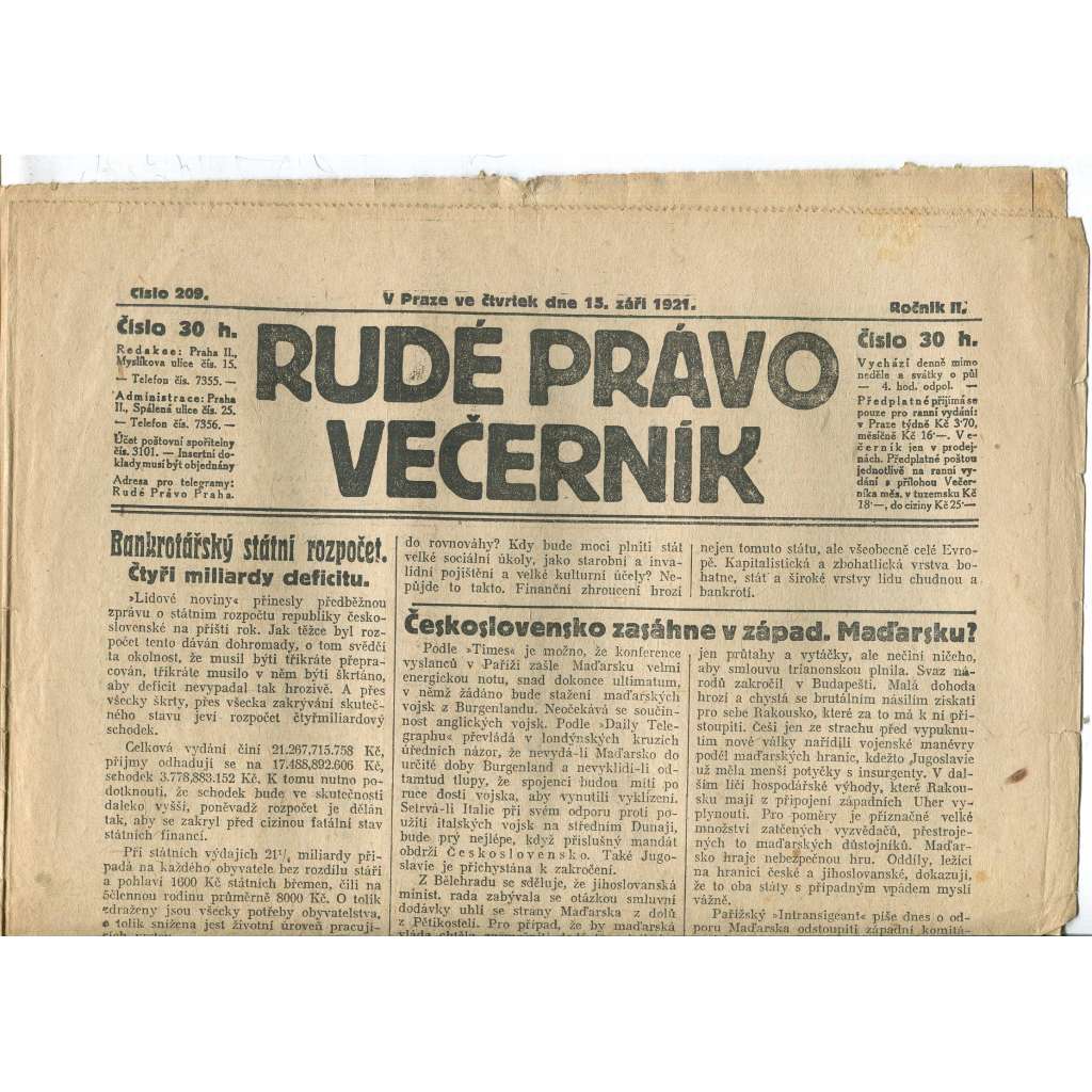 Rudé právo Večerník, ročník II., číslo 209/1921 - staré noviny - [komunisté, komunismus]