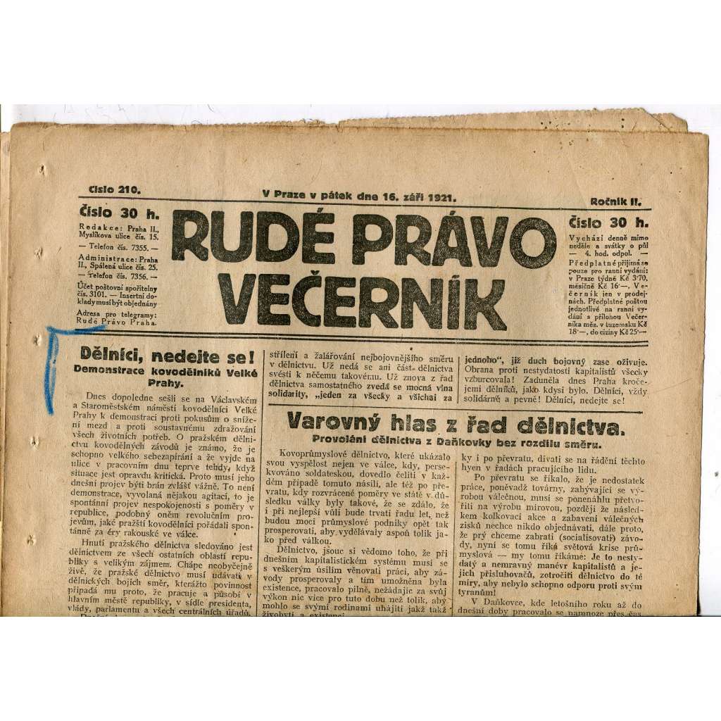 Rudé právo Večerník, ročník II., číslo 210/1921 - staré noviny - [komunisté, komunismus]