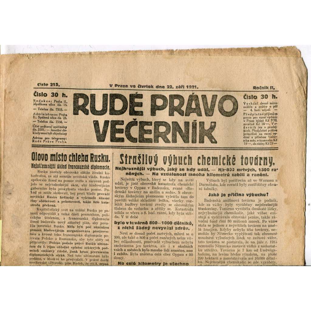 Rudé právo Večerník, ročník II., číslo 215/1921 - staré noviny - [komunisté, komunismus]