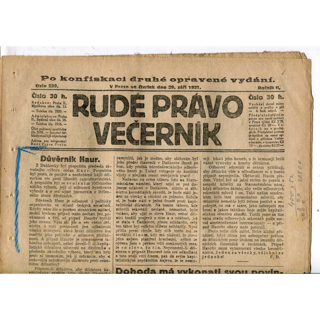 Rudé právo Večerník, ročník II., číslo 220/1921 - staré noviny - [komunisté, komunismus]