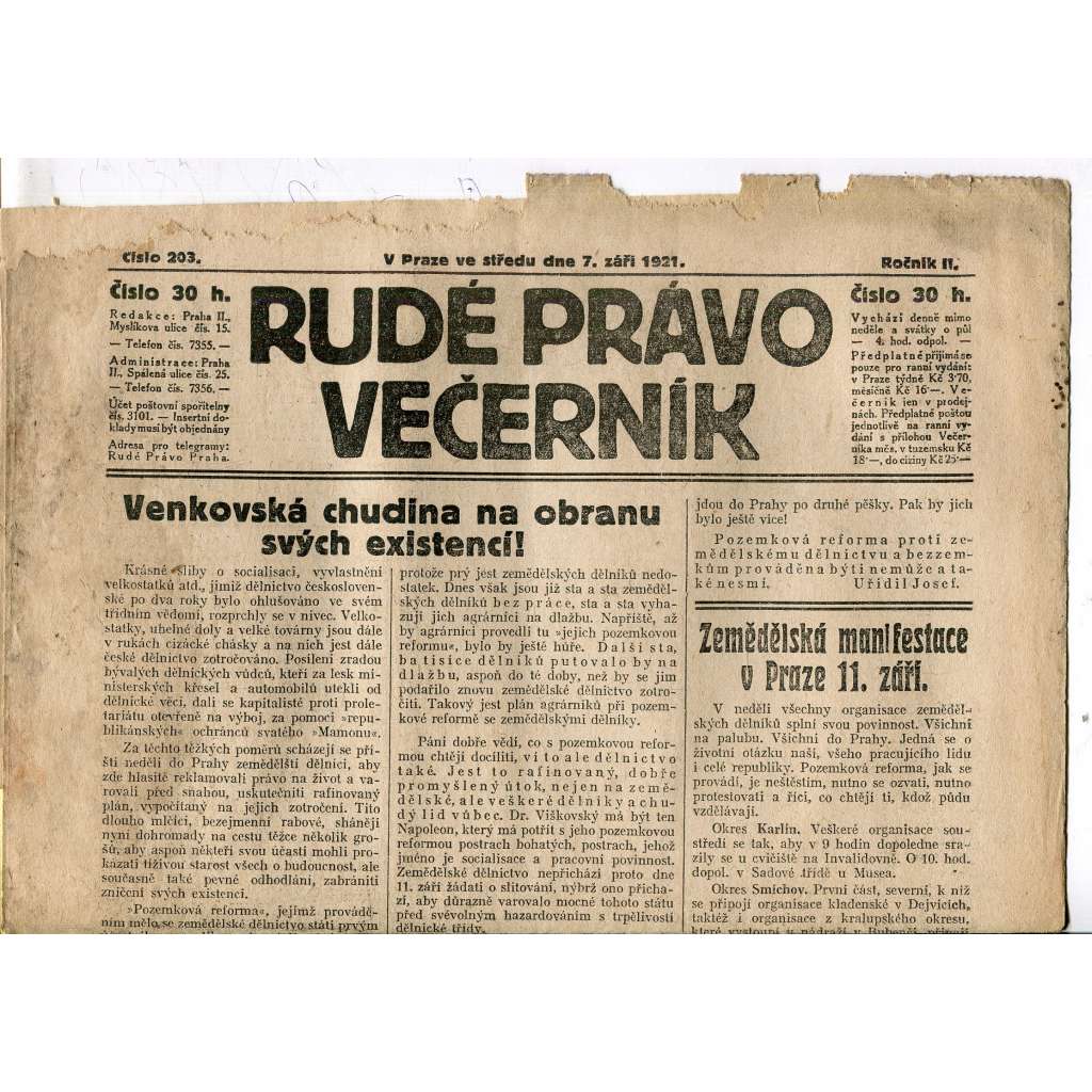 Rudé právo Večerník, ročník II., číslo 203/1921 - staré noviny - [komunisté, komunismus]