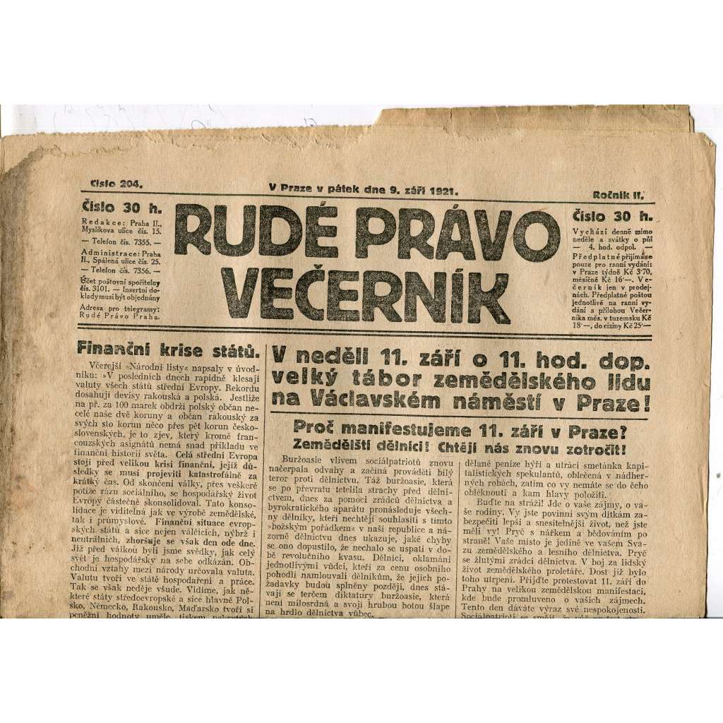 Rudé právo Večerník, ročník II., číslo 204/1921 - staré noviny - [komunisté, komunismus]