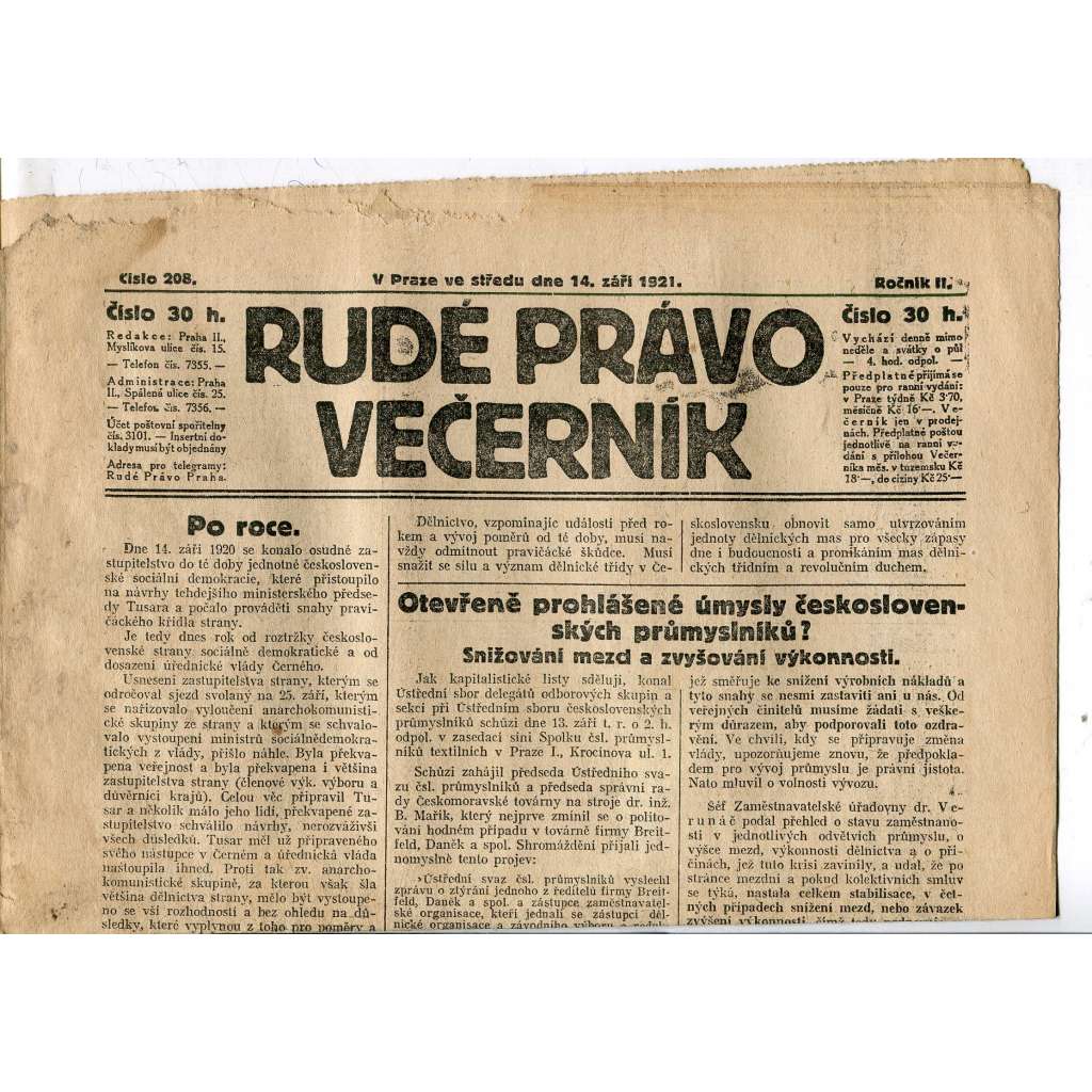 Rudé právo Večerník, ročník II., číslo 208/1921 - staré noviny - [komunisté, komunismus]