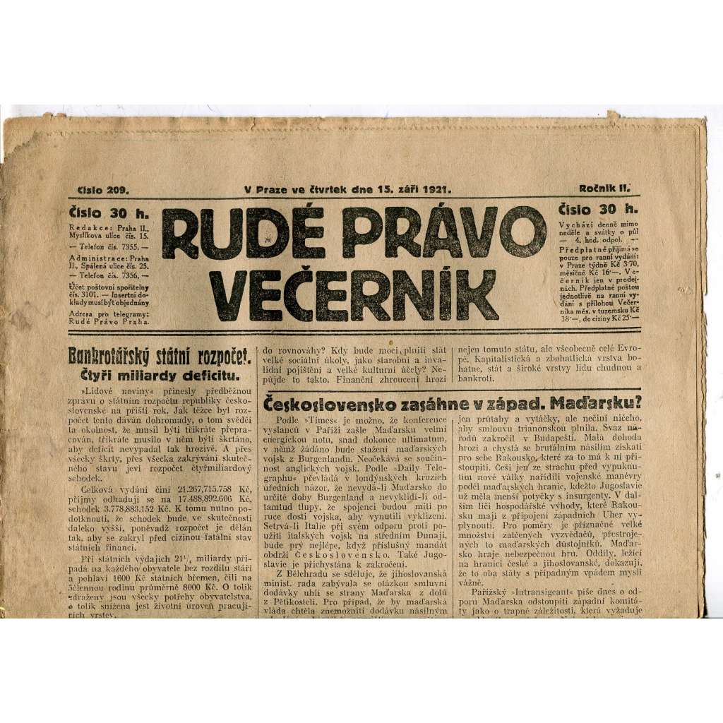 Rudé právo Večerník, ročník II., číslo 209/1921 - staré noviny - [komunisté, komunismus]
