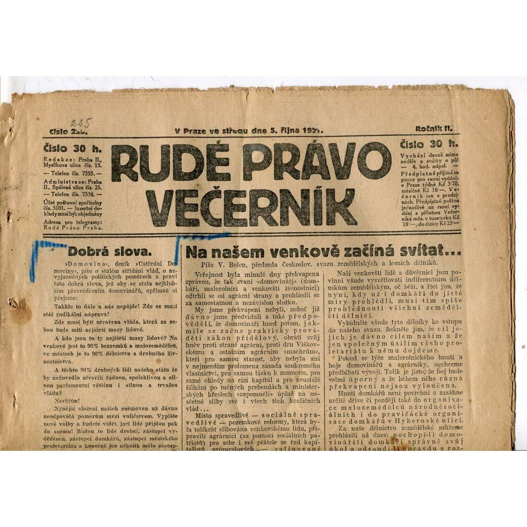 Rudé právo Večerník, ročník II., číslo 215/1921 - staré noviny - [komunisté, komunismus]