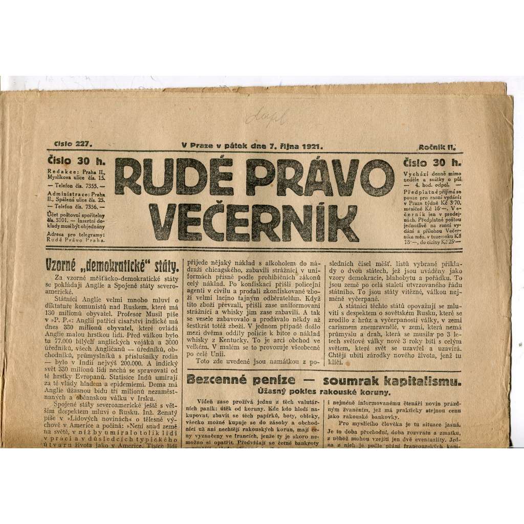 Rudé právo Večerník, ročník II., číslo 227/1921 - staré noviny - [komunisté, komunismus]