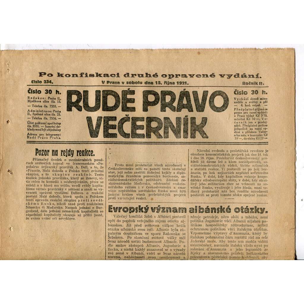 Rudé právo Večerník, ročník II., číslo 234/1921 - staré noviny - [komunisté, komunismus]