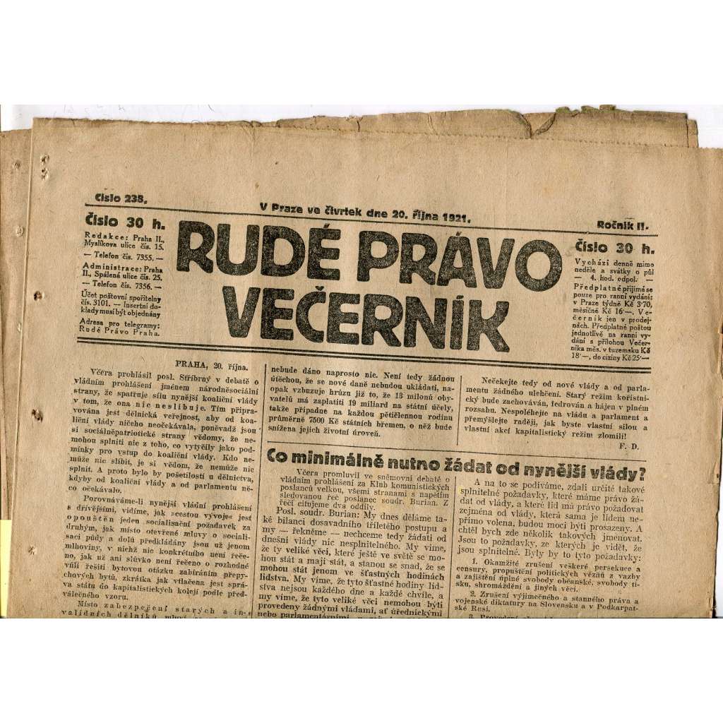 Rudé právo Večerník, ročník II., číslo 238/1921 - staré noviny - [komunisté, komunismus]