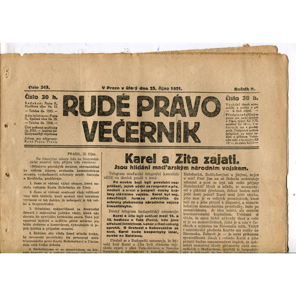 Rudé právo Večerník, ročník II., číslo 243/1921 - staré noviny - [komunisté, komunismus]
