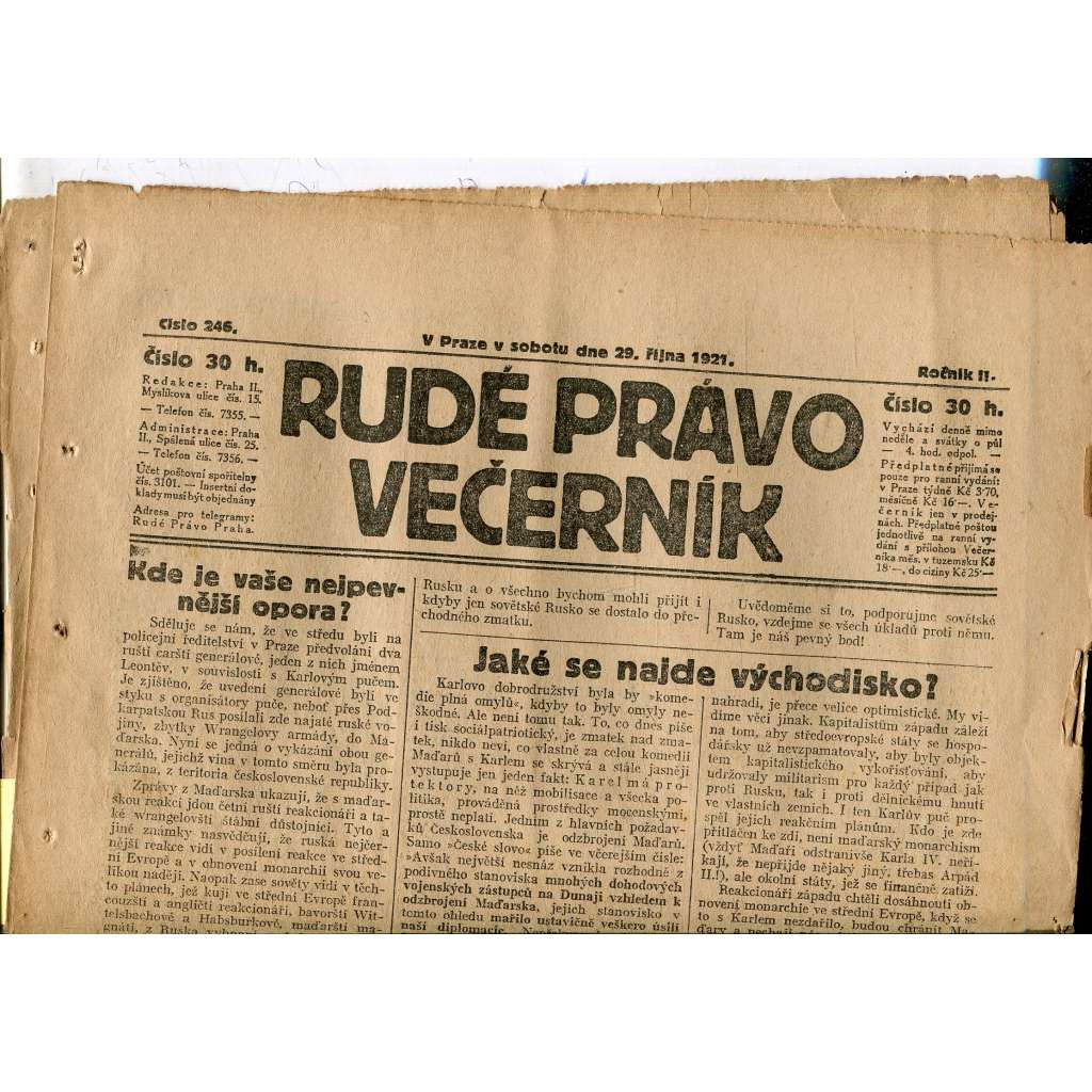 Rudé právo Večerník, ročník II., číslo 246/1921 - staré noviny - [komunisté, komunismus]