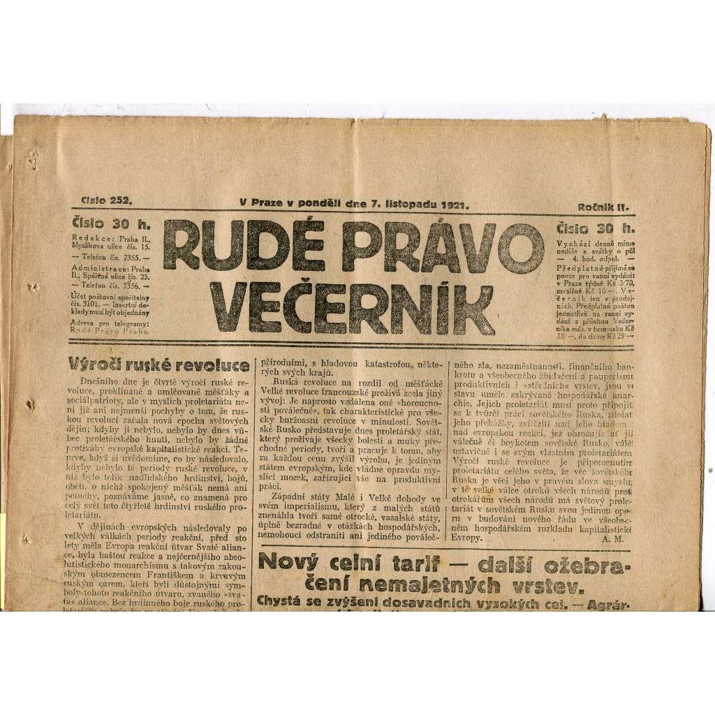 Rudé právo Večerník, ročník II., číslo 252/1921 - staré noviny - [komunisté, komunismus]