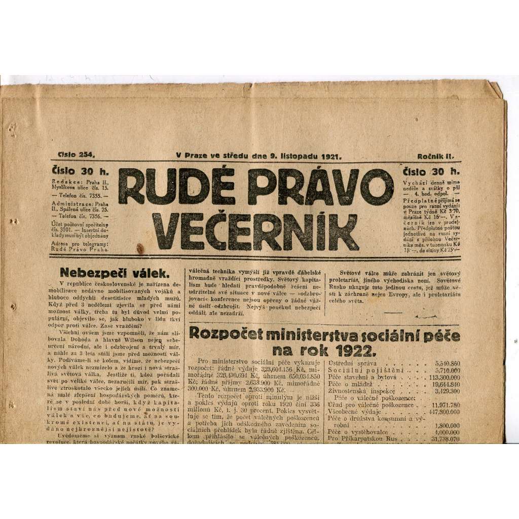 Rudé právo Večerník, ročník II., číslo 254/1921 - staré noviny - [komunisté, komunismus]