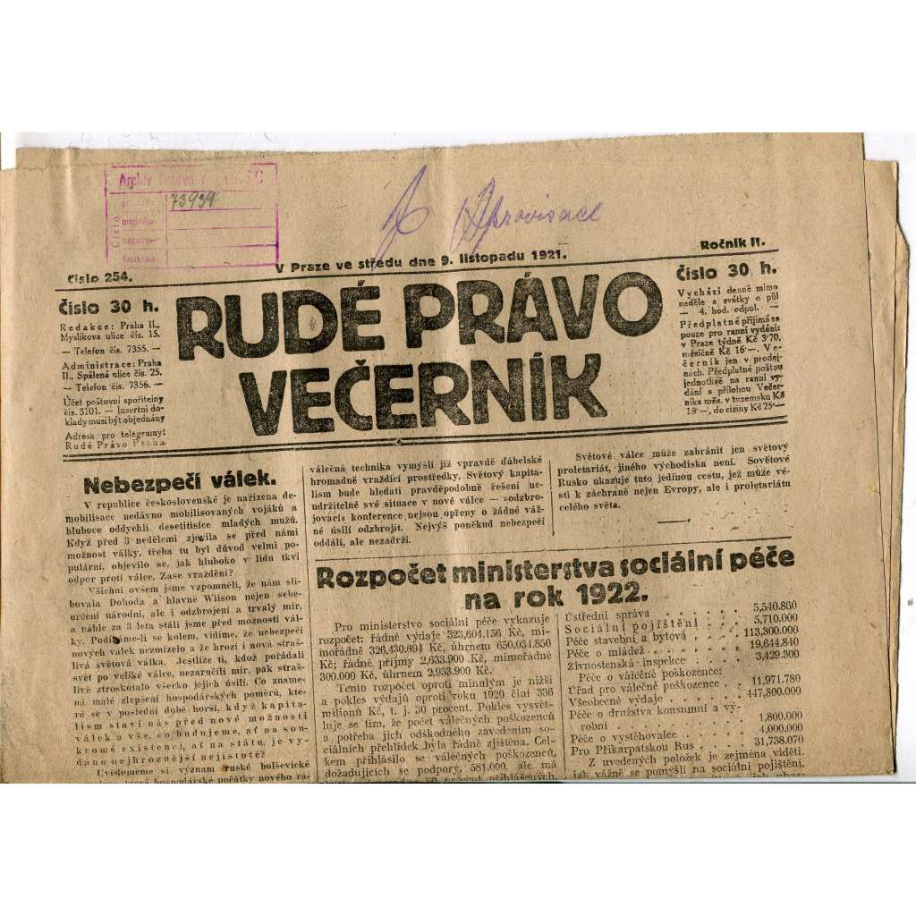Rudé právo Večerník, ročník II., číslo 254/1921 - staré noviny - [komunisté, komunismus]