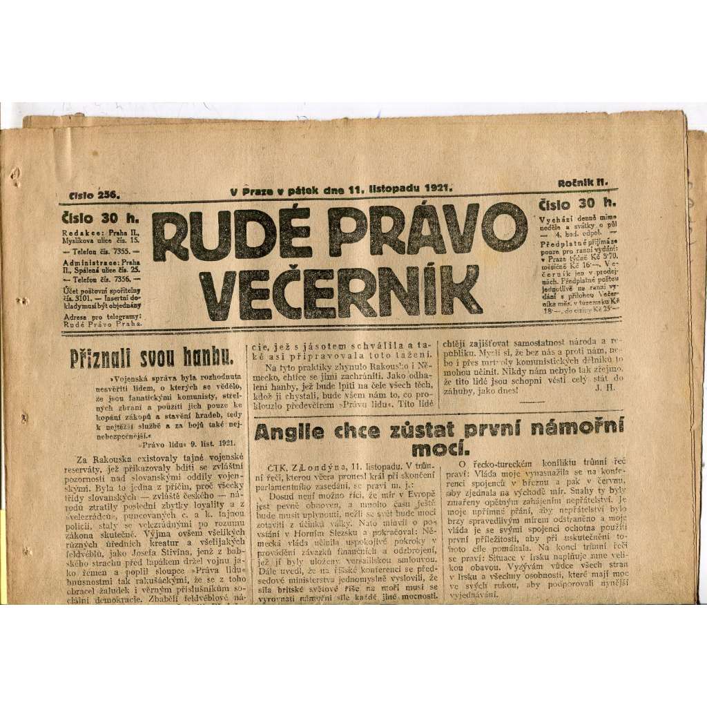 Rudé právo Večerník, ročník II., číslo 256/1921 - staré noviny - [komunisté, komunismus]