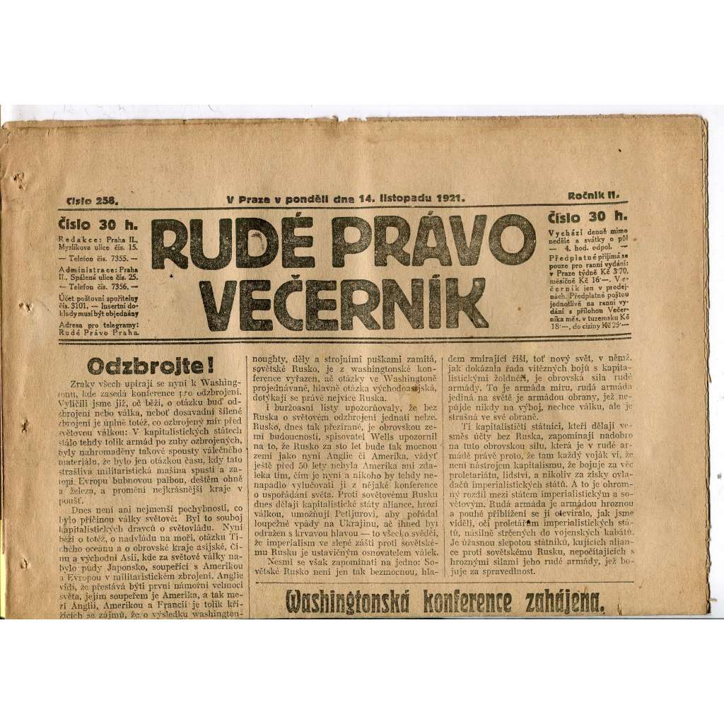 Rudé právo Večerník, ročník II., číslo 258/1921 - staré noviny - [komunisté, komunismus]