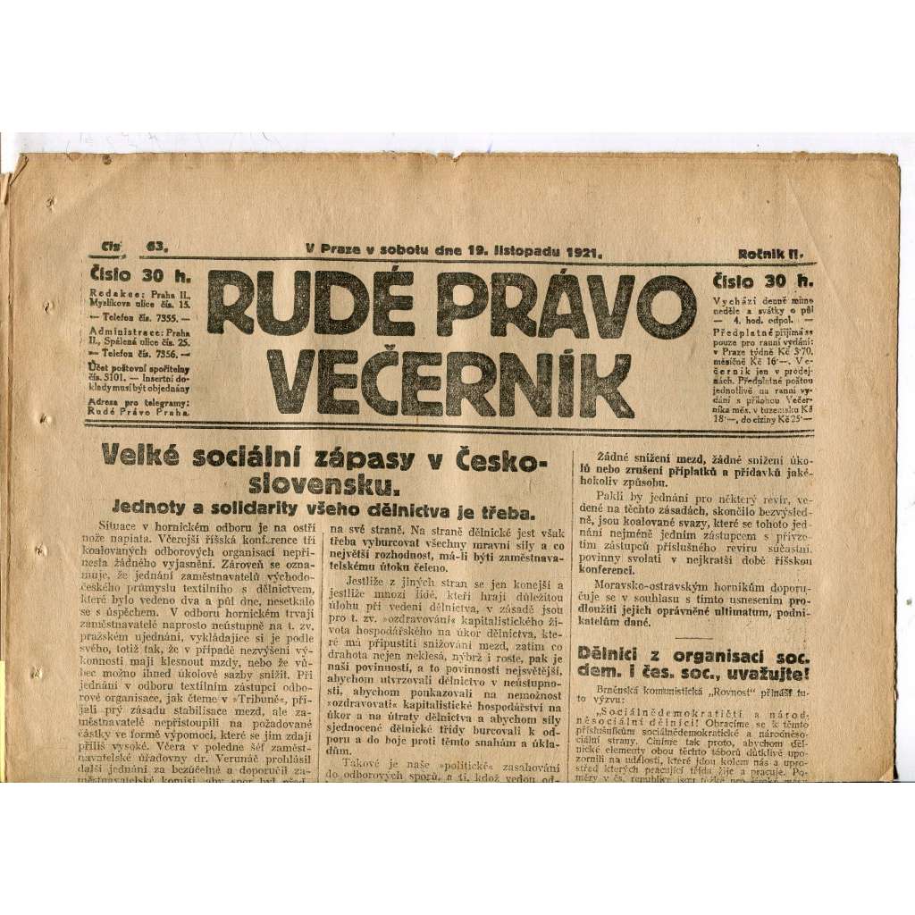 Rudé právo Večerník, ročník II., číslo 263/1921 - staré noviny - [komunisté, komunismus]