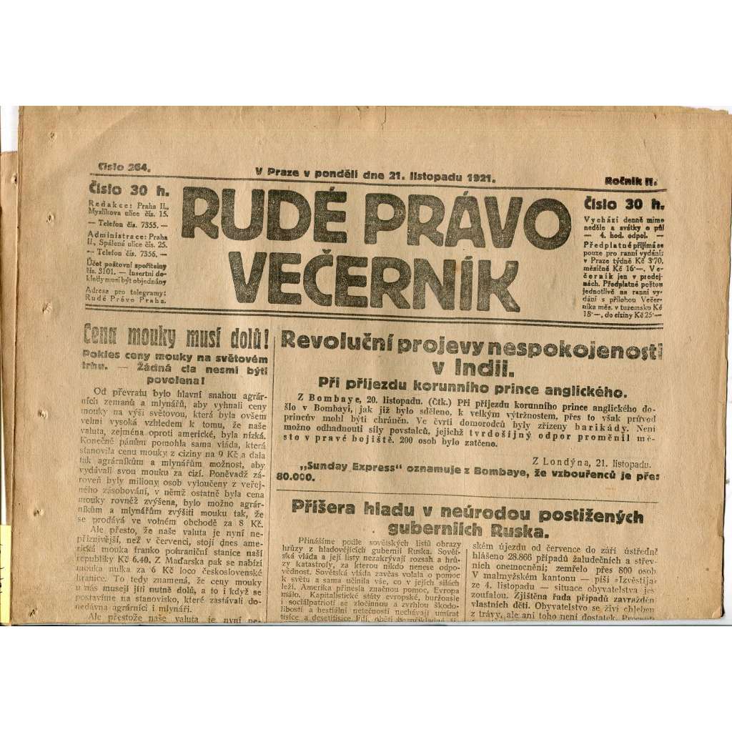 Rudé právo Večerník, ročník II., číslo 264/1921 - staré noviny - [komunisté, komunismus]
