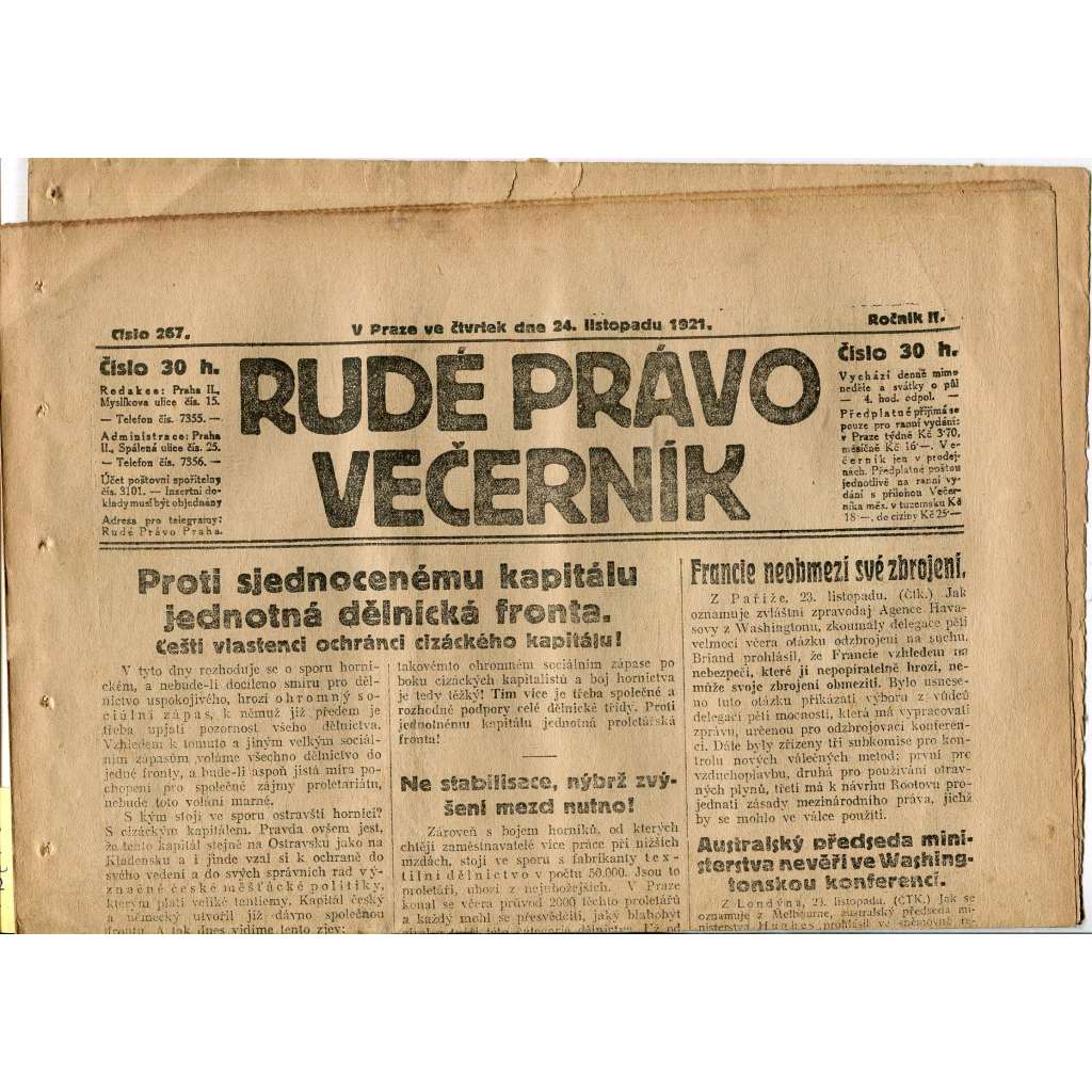 Rudé právo Večerník, ročník II., číslo 267/1921 - staré noviny - [komunisté, komunismus]