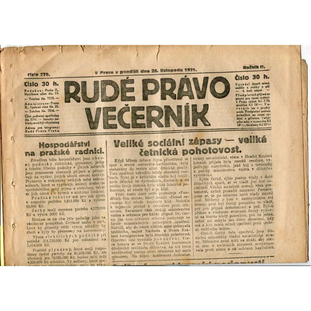 Rudé právo Večerník, ročník II., číslo 270/1921 - staré noviny - [komunisté, komunismus]