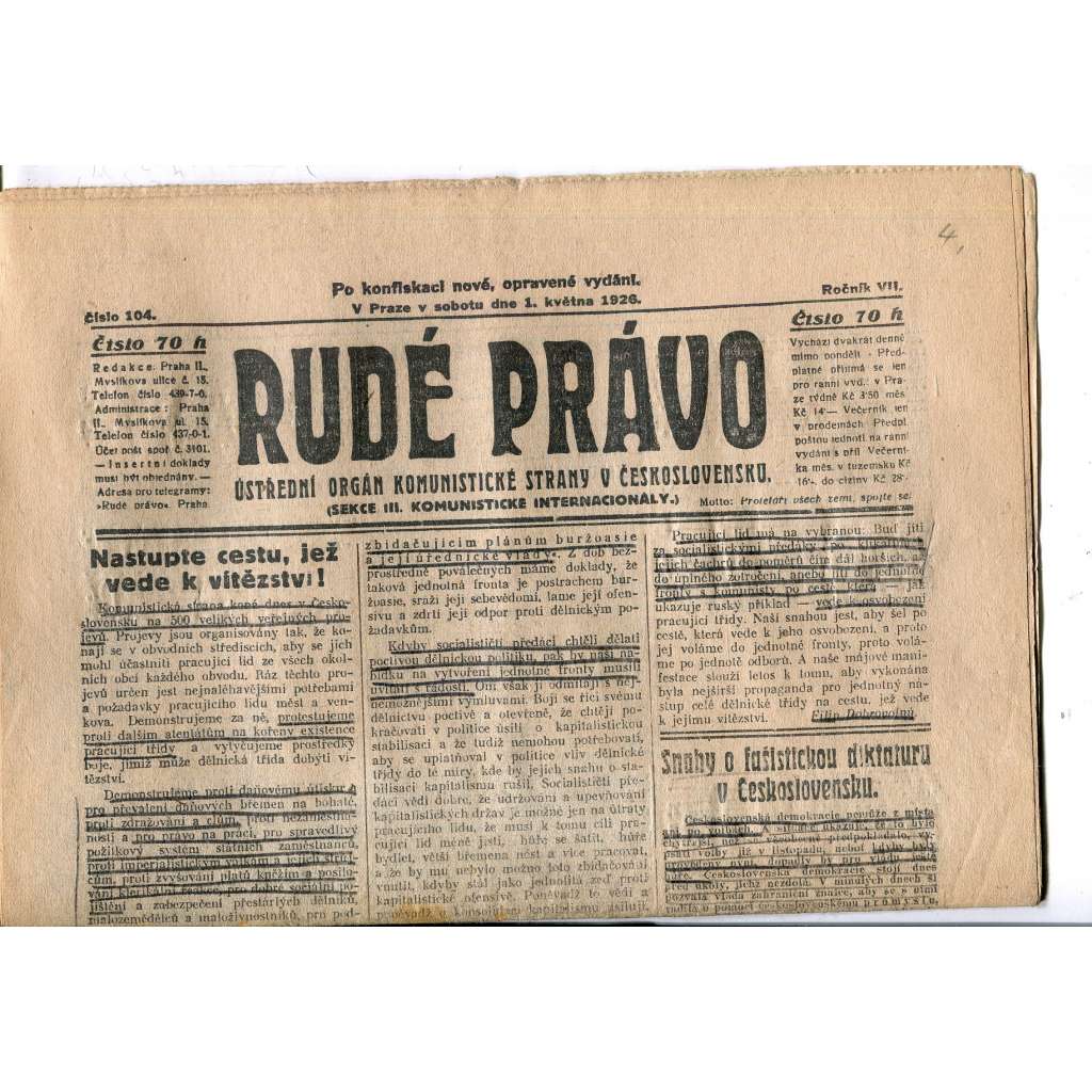 Rudé právo, ročník VII., číslo 104/1926 - staré noviny - [komunisté, komunismus] - není kompletní
