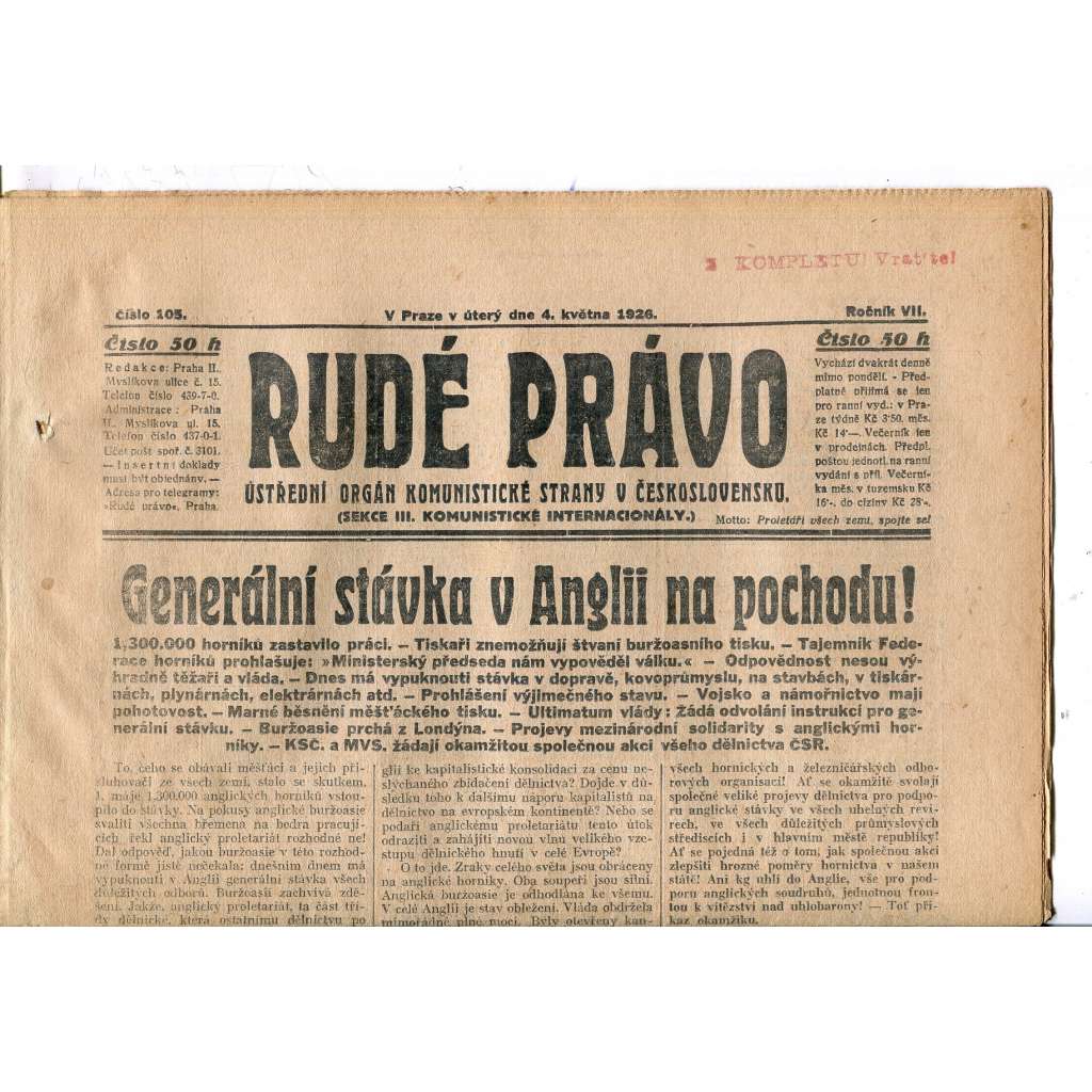 Rudé právo, ročník VII., číslo 105/1926 - staré noviny - [komunisté, komunismus]