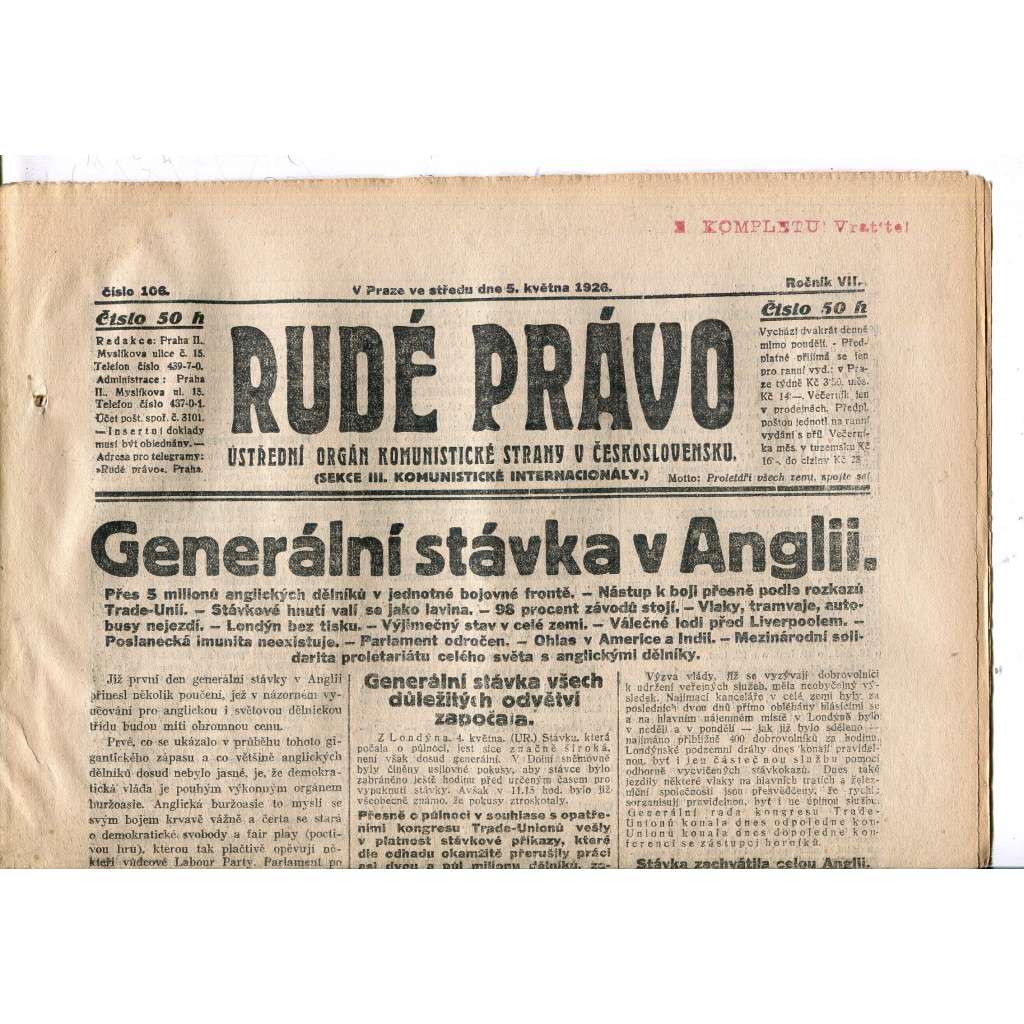 Rudé právo, ročník VII., číslo 106/1926 - staré noviny - [komunisté, komunismus]