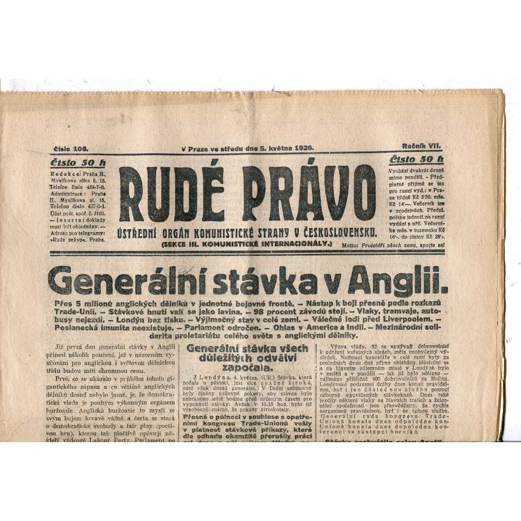 Rudé právo, ročník VII., číslo 106/1926 - staré noviny - [komunisté, komunismus]