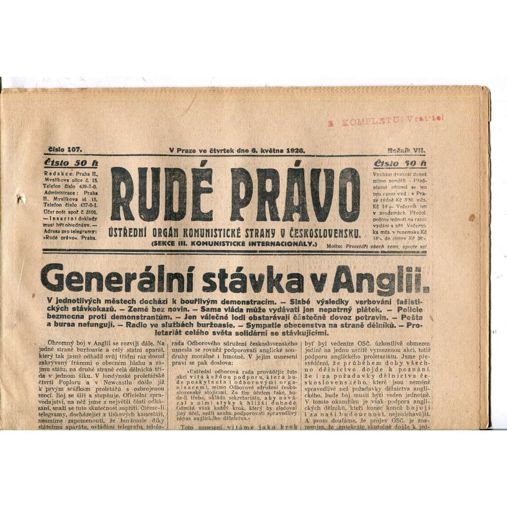 Rudé právo, ročník VII., číslo 107/1926 - staré noviny - [komunisté, komunismus]