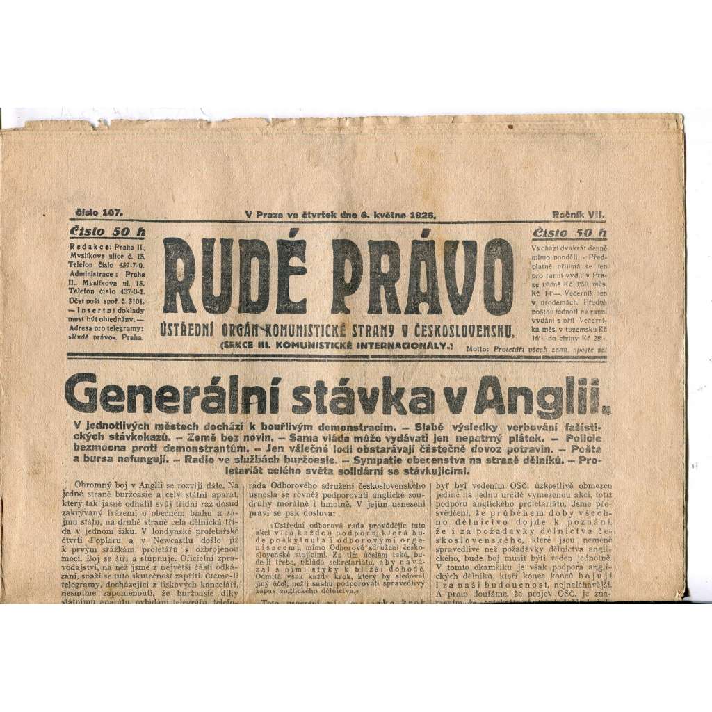 Rudé právo, ročník VII., číslo 107/1926 - staré noviny - [komunisté, komunismus]
