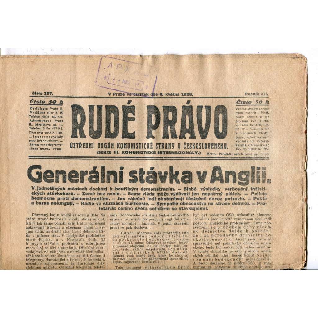 Rudé právo, ročník VII., číslo 107/1926 - staré noviny - [komunisté, komunismus]