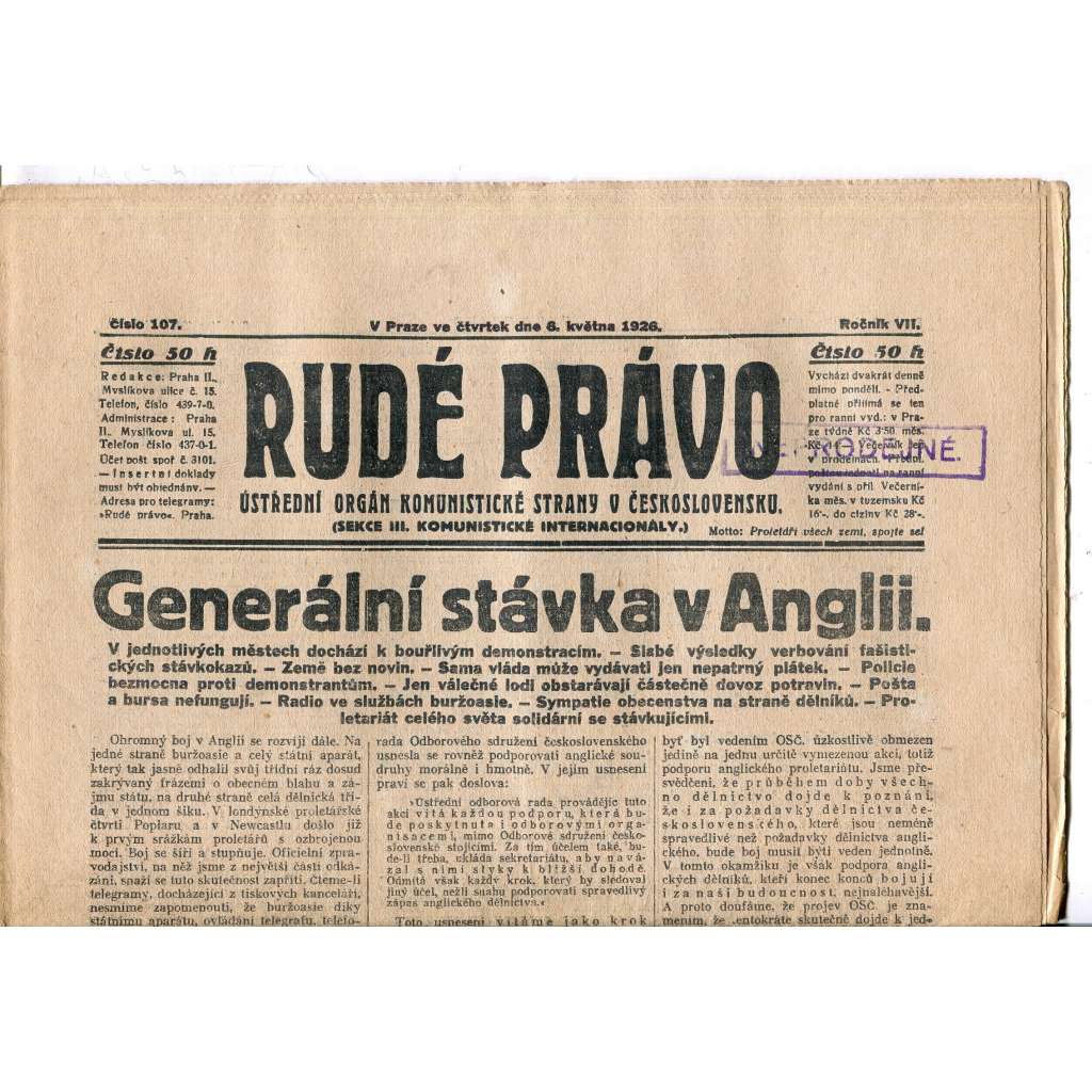 Rudé právo, ročník VII., číslo 107/1926 - staré noviny - [komunisté, komunismus]