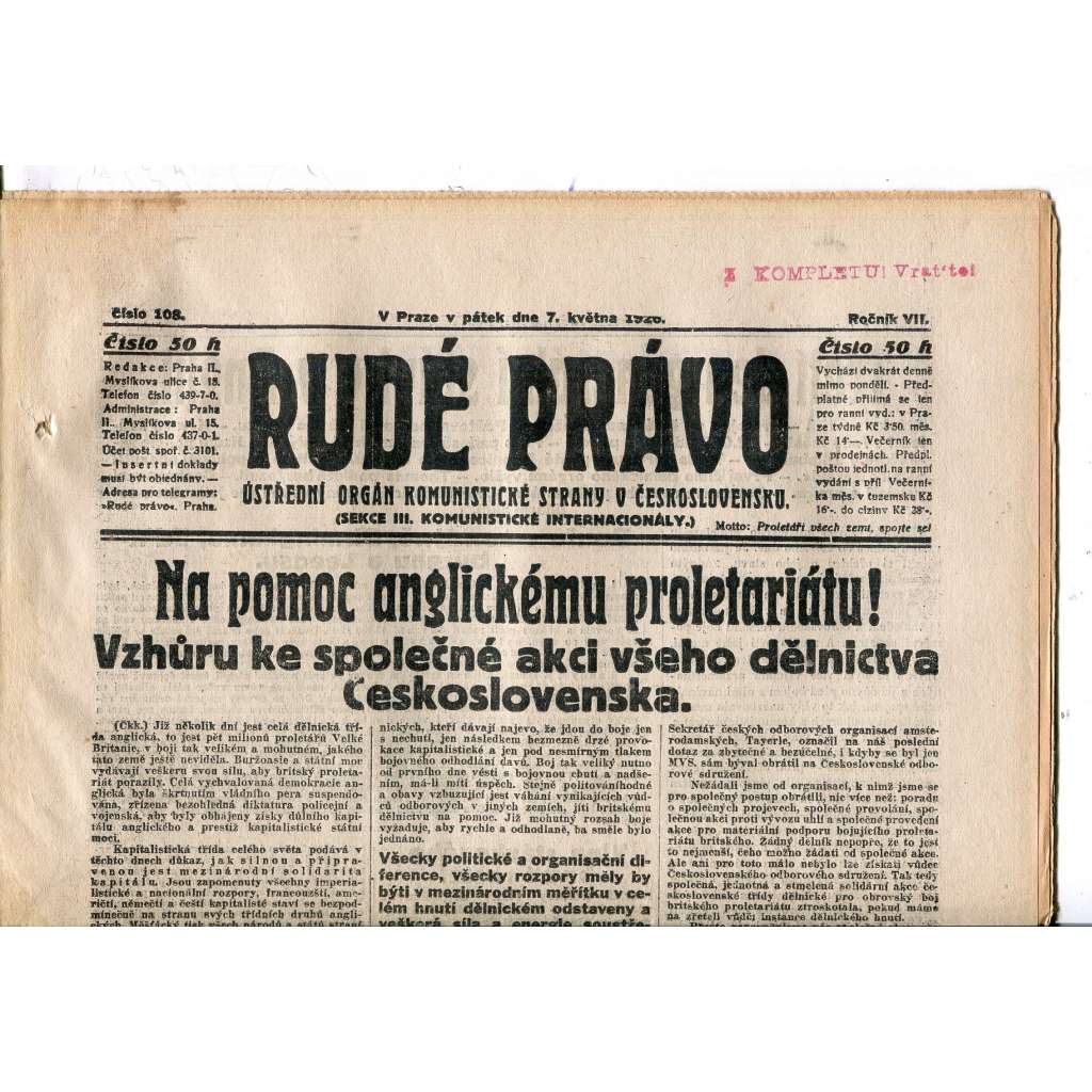 Rudé právo, ročník VII., číslo 108/1926 - staré noviny - [komunisté, komunismus]