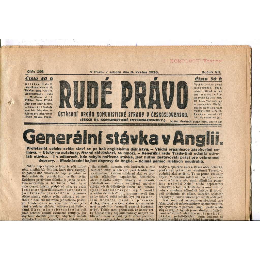 Rudé právo, ročník VII., číslo 109/1926 - staré noviny - [komunisté, komunismus]